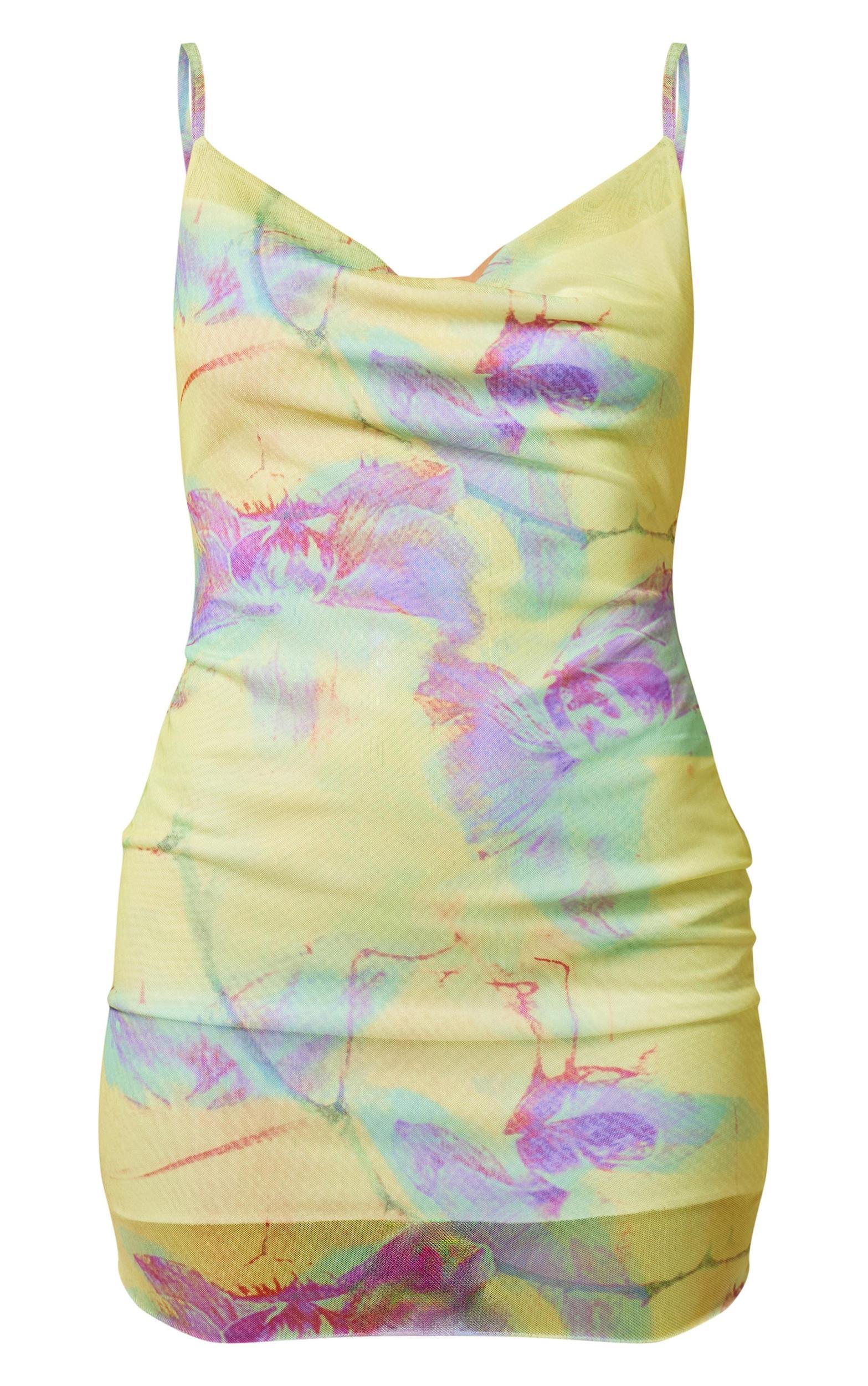 Green Floral Print Cowl Neck Asymmetric Mini Dress Product Image