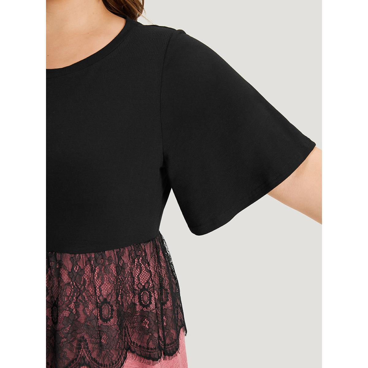 Plus Size Supersoft Essentials Colorblock Contrast Guipure Lace Flutter Sleeve Dress Rouge Women Casual Contrast Round Neck Short sleeve Curvy Midi Dress BloomChic 26/4X Product Image
