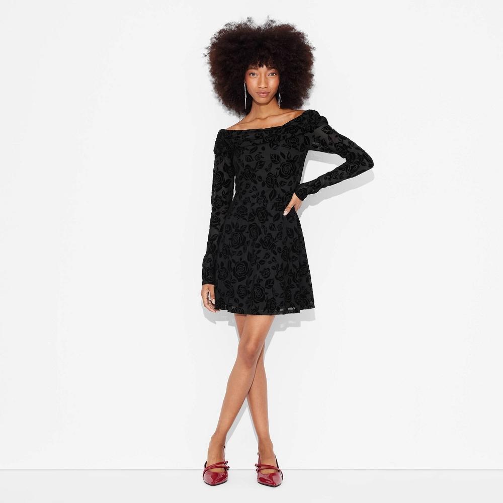Women's Long Sleeve Flocked Mini Fit and Flare Holiday Dress - Wild Fable™ Black XXS Product Image