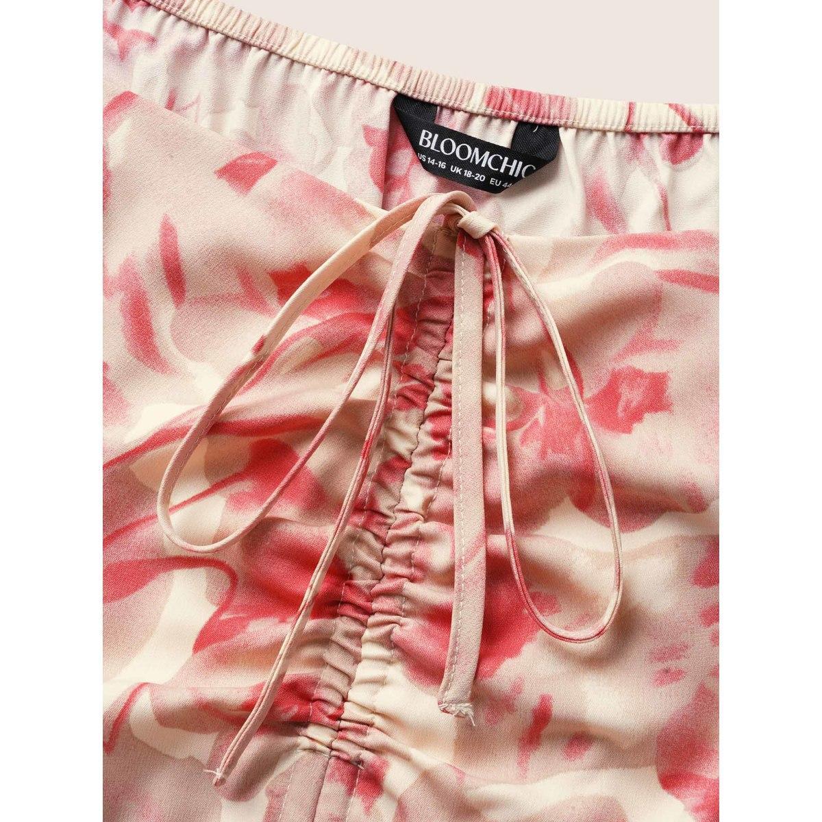 Plus Size Floral Drawstring Tie Knot Puff Sleeve Midi Dress Blush Women Elegant Gathered Square Neck Short sleeve Curvy BloomChic 28/5X Product Image