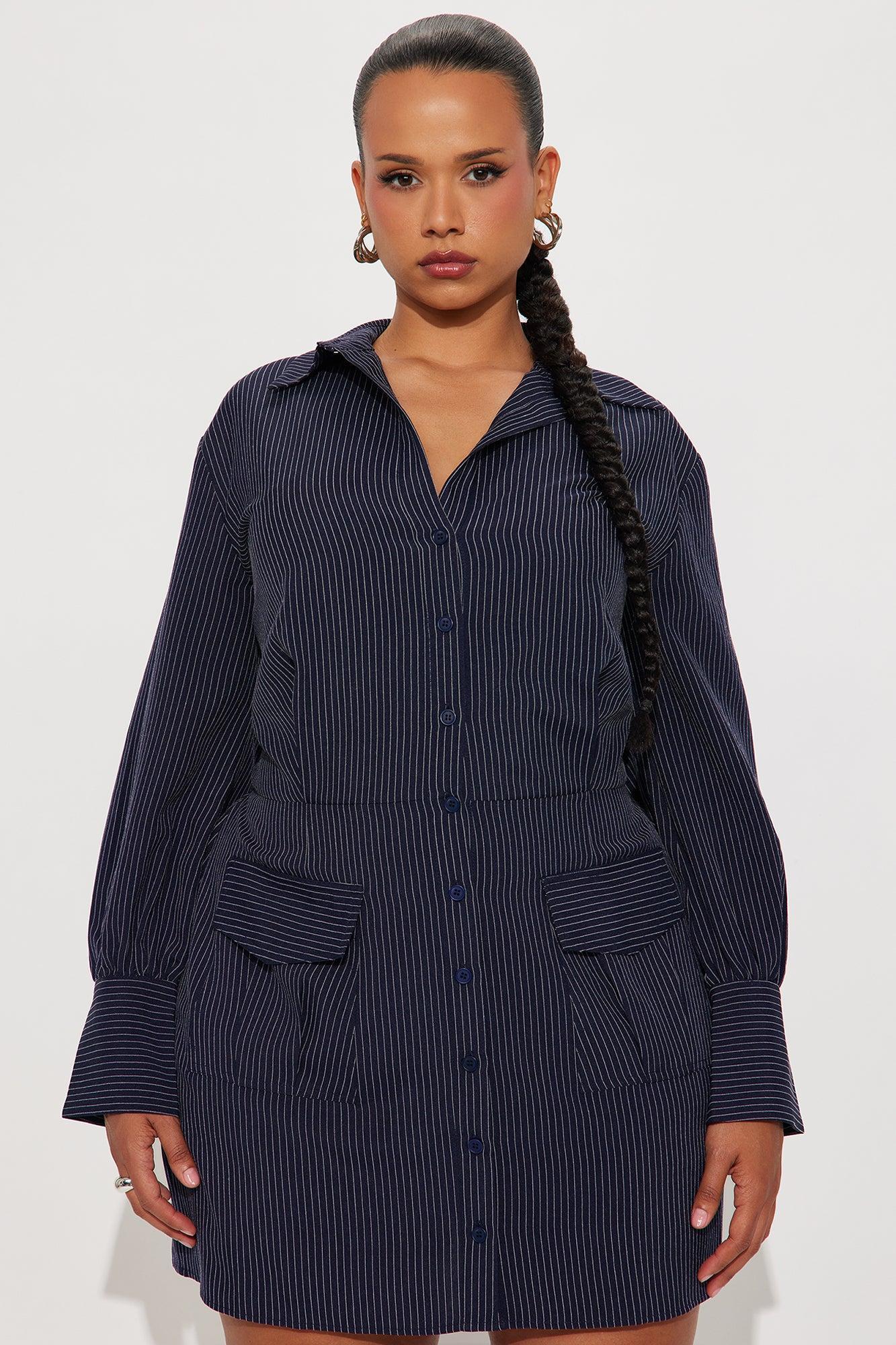 Valentina Pinstripe Shirt Mini Dress - Black Product Image
