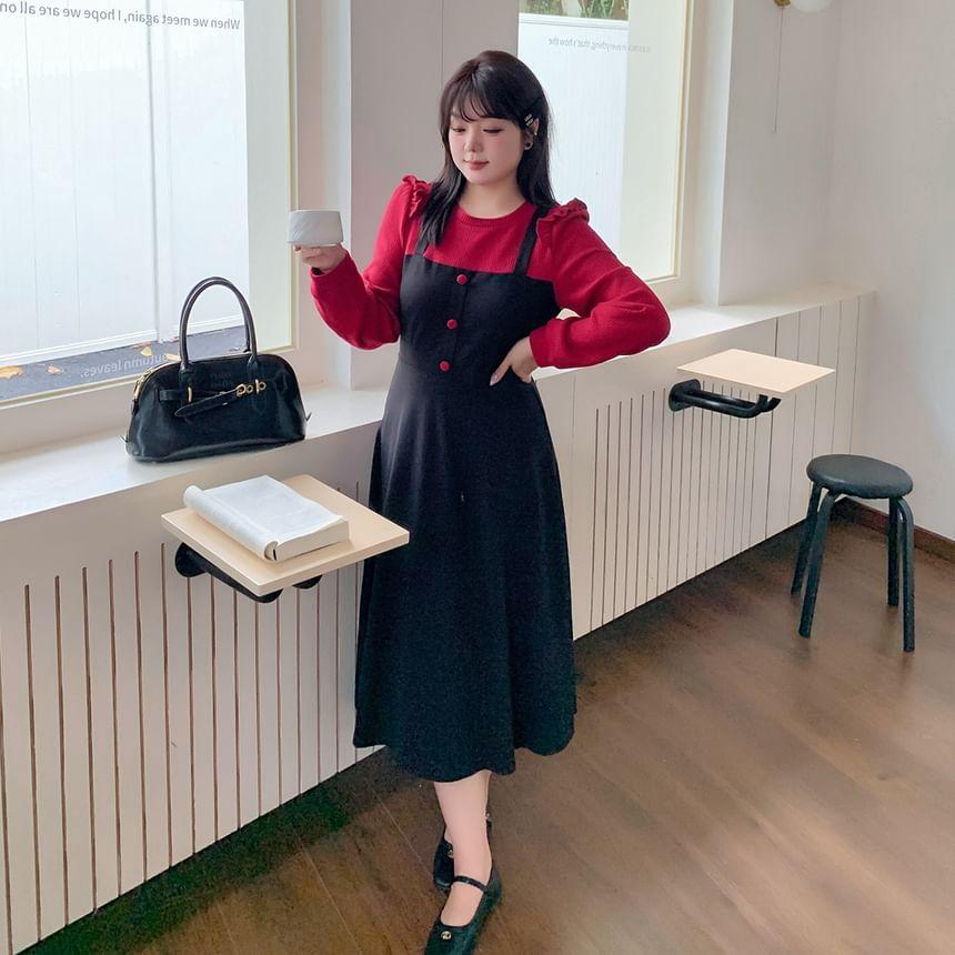 Plus Size Mock Two-Piece Long-Sleeve Round Neck Ruffle Trim Midi A-Line Dress Product Image
