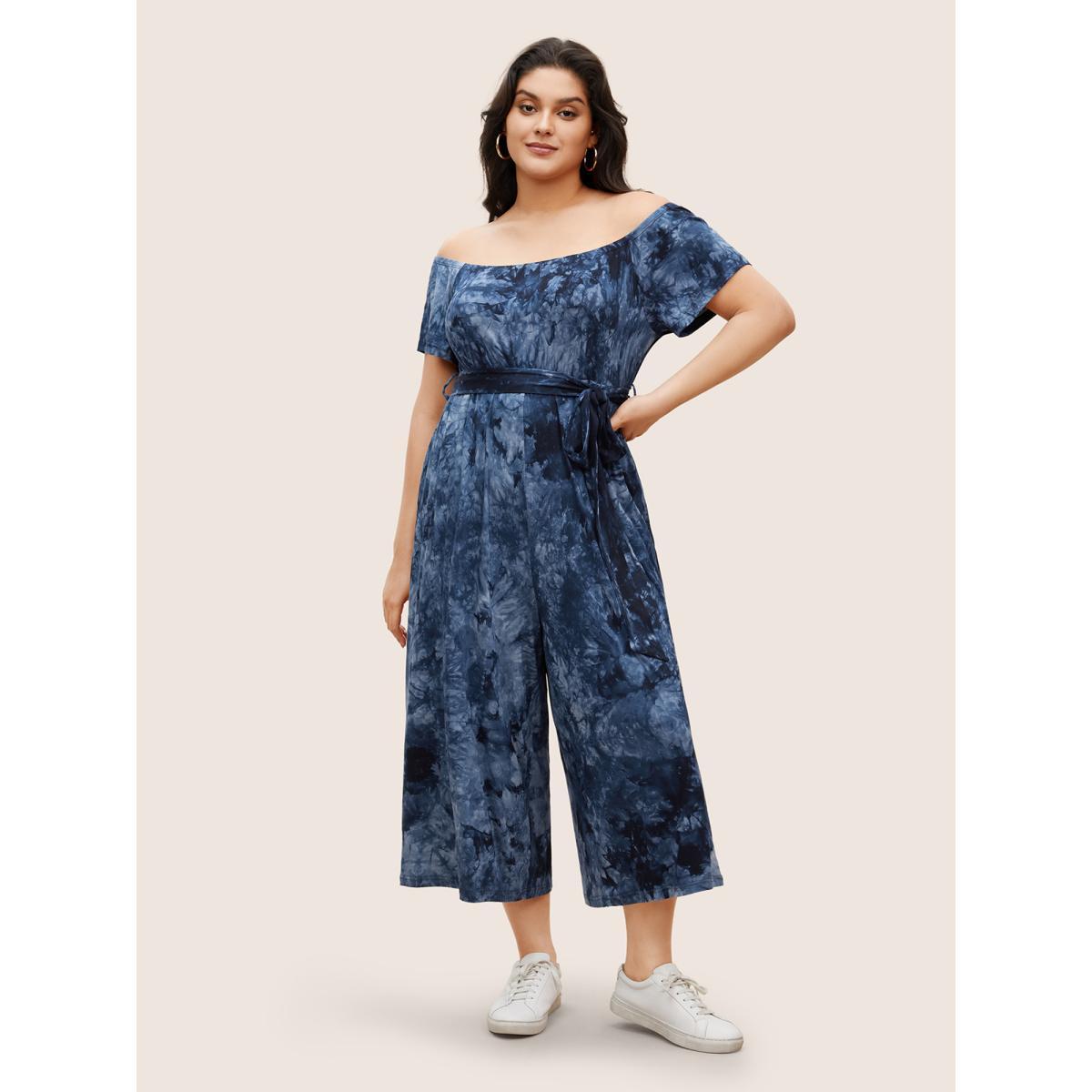 Plus Size Navy Tie Dye One Shoulder Neck Belted Jumpsuit Women Casual Short sleeve One-shoulder neck Everyday Loose Jumpsuits BloomChic 28/5X Product Image