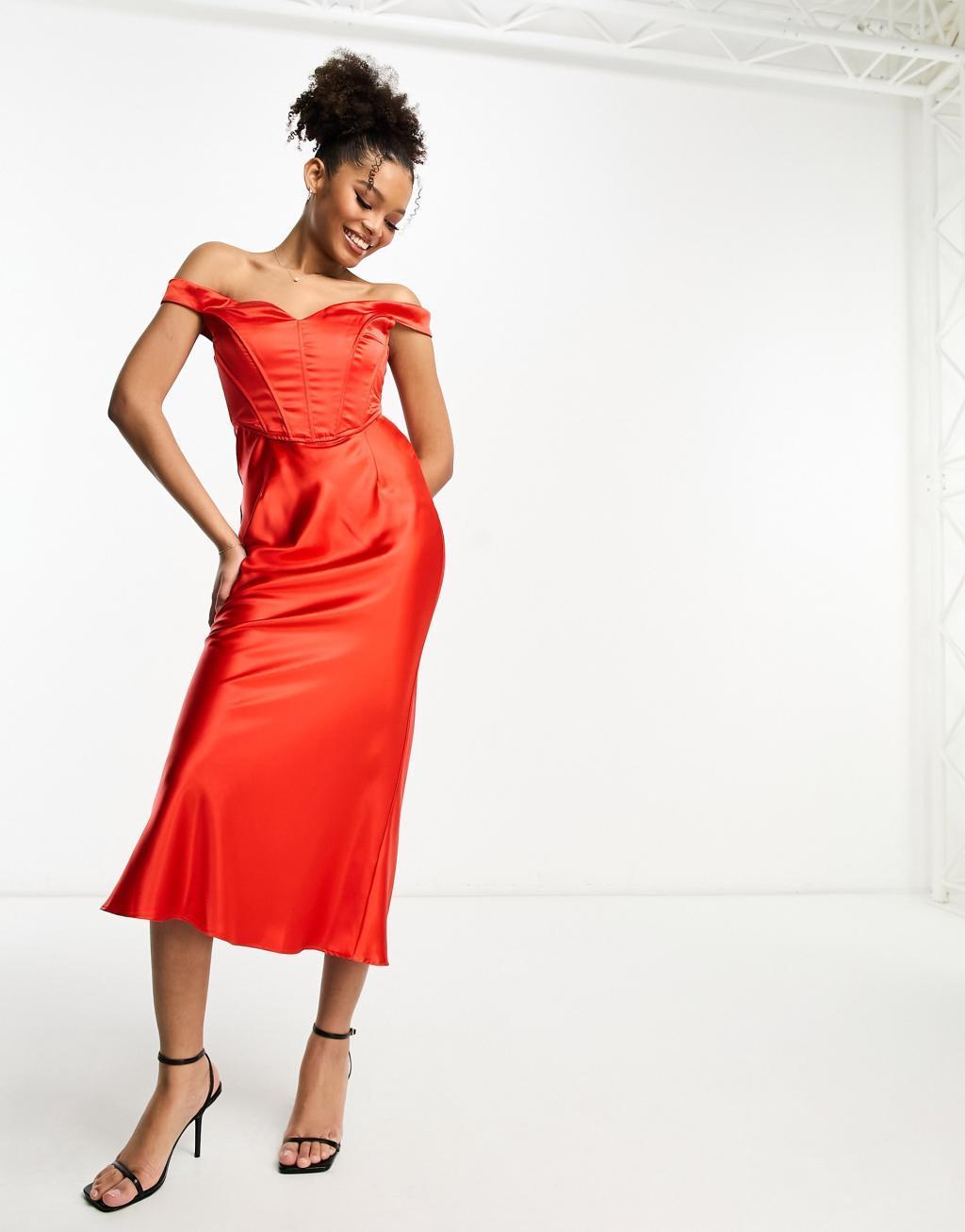 Rare London satin bardot corset detail midi dress Product Image