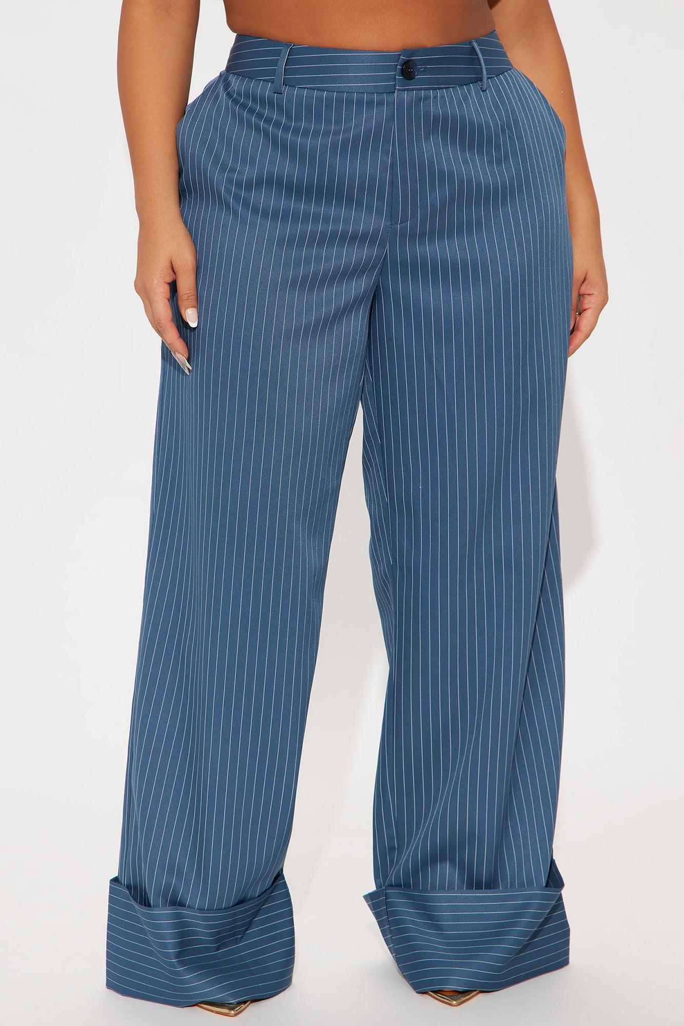 On A Tight Schedule Pinstripe Cuffed Trouser Pant - Blue Product Image