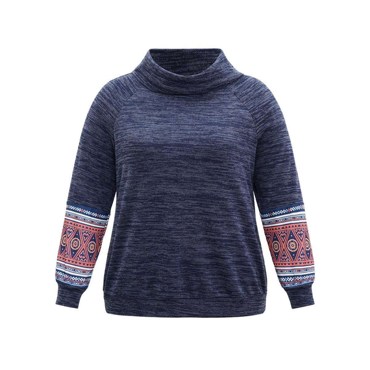 Plus Size Heather Boho Print Raglan Sleeve Turtleneck Sweatshirt Women Blue Casual Heather Turtleneck Dailywear Sweatshirts BloomChic 22-24/3X Product Image