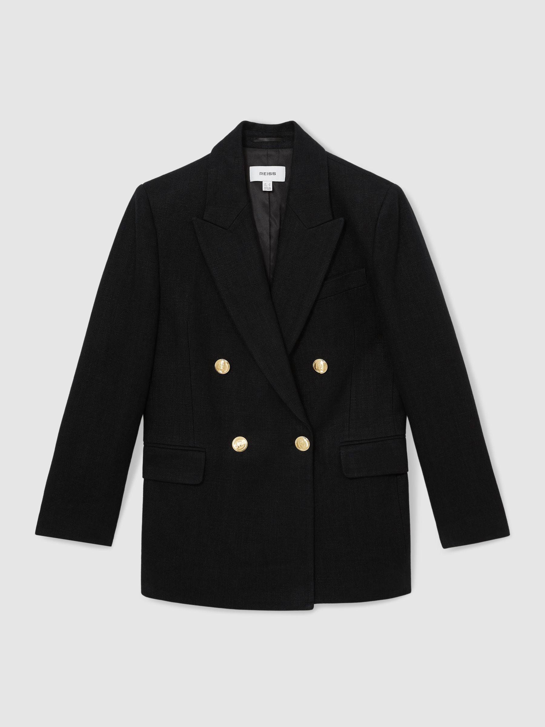 Petite Oversized Double-Breasted Blazer Linen-Blend in Black Product Image