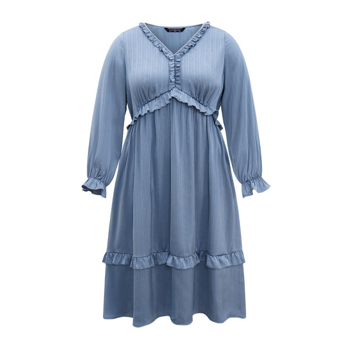 Plus Size Plain Pocket Elastic Waist Ruffles Frill Trim Dress Aegean Women Elegant Gathered V-neck Long Sleeve Curvy Midi Dress BloomChic 10/M Product Image