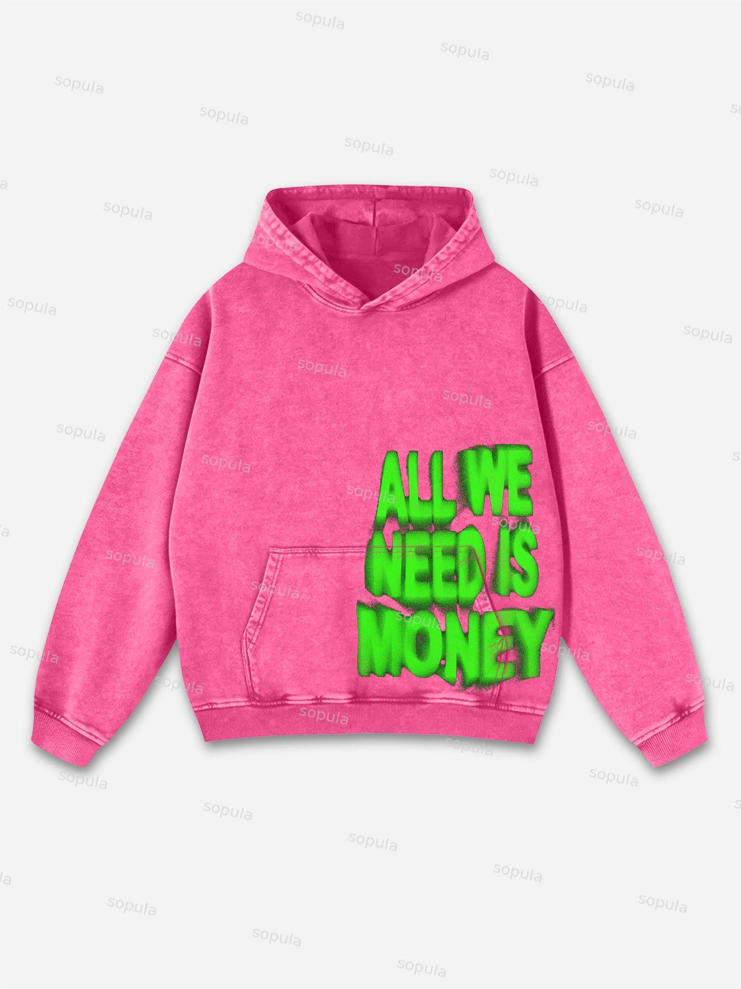 Sopula Vintage All We Need Is Money Graphic Acid Washed Oversized Hoodie Product Image