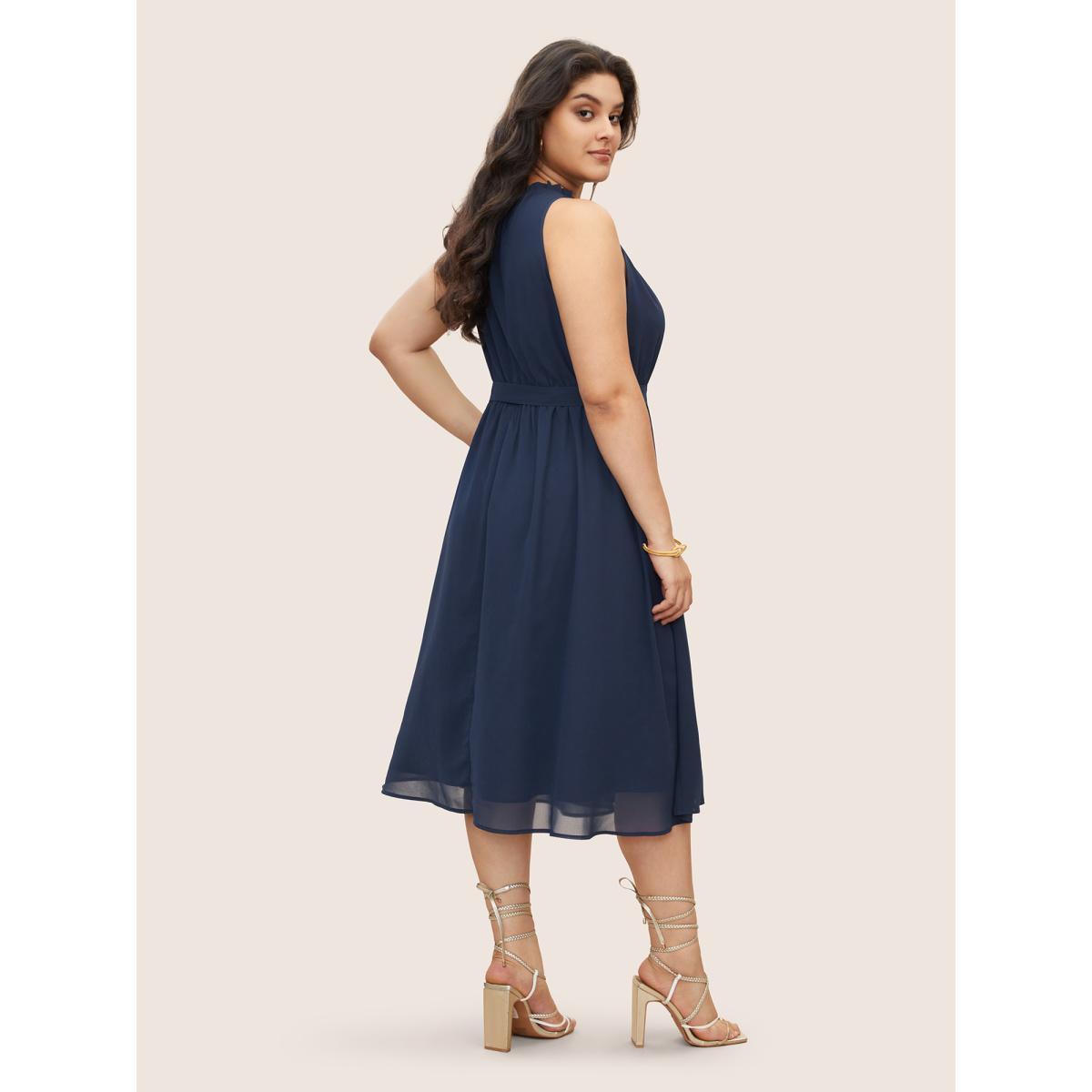 Plus Size Plain Sleeveless Frill Trim Pocket Belted Mock Neck Dress DarkBlue Women At the Office Pocket Mock Neck Sleeveless Curvy Midi Dress BloomChic 18-20/2X Product Image