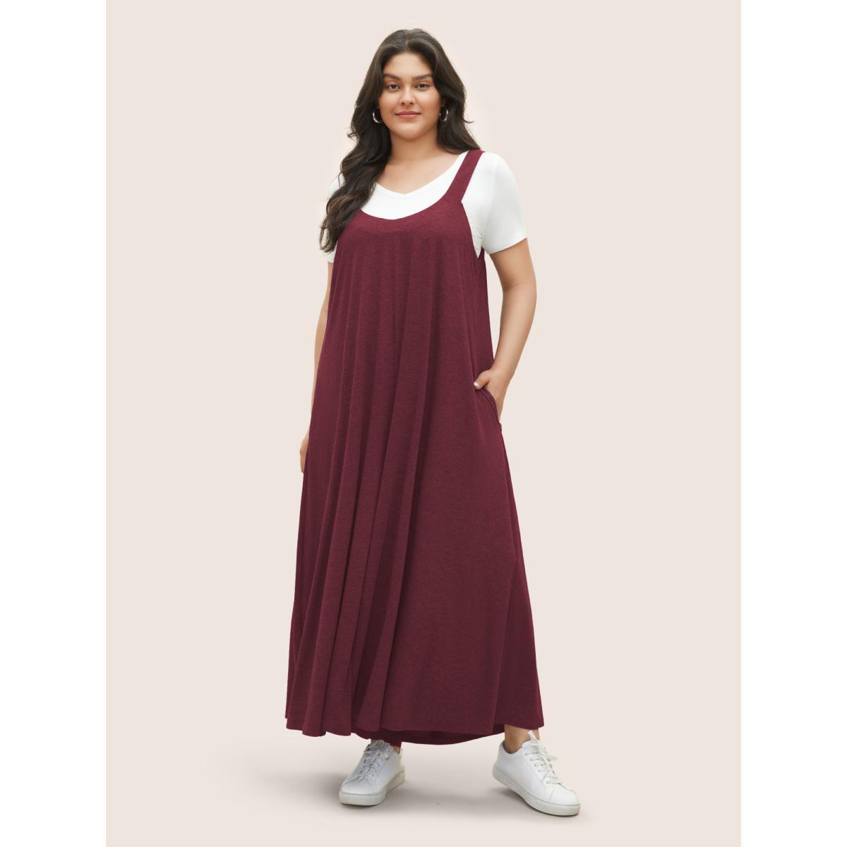 Plus Size Burgundy Supersoft Essentials Solid Pocket Adjustable Straps Jumpsuit Women Casual Sleeveless Non Everyday Loose Jumpsuits BloomChic 30/6X Product Image