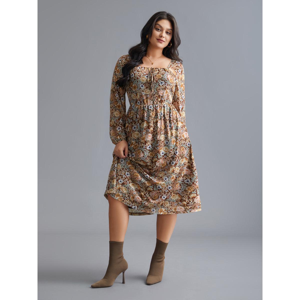 Plus Size Square Neck Floral Ties Midi Dress Browncoffeecolor Women Elegant Tie knot Knit Dresses Bloomchic 12/L Product Image