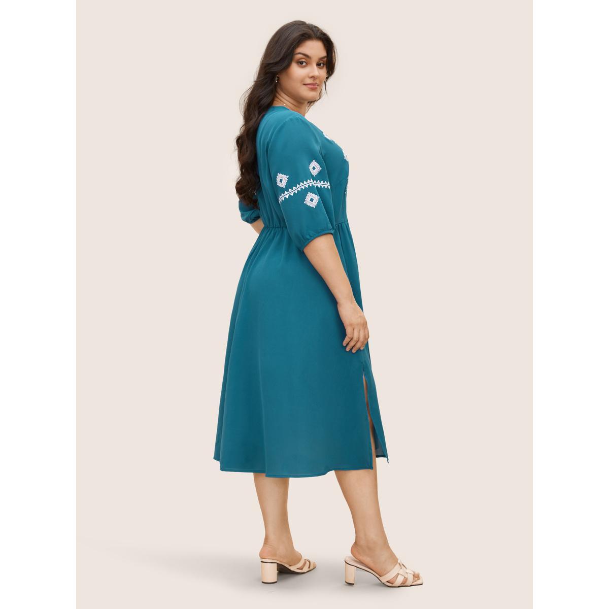 Plus Size Bandana Notched Collar Split Hem Midi Dress Mediumblue Women Resort Gathered Notched collar Elbow-length sleeve Curvy BloomChic 10/M Product Image