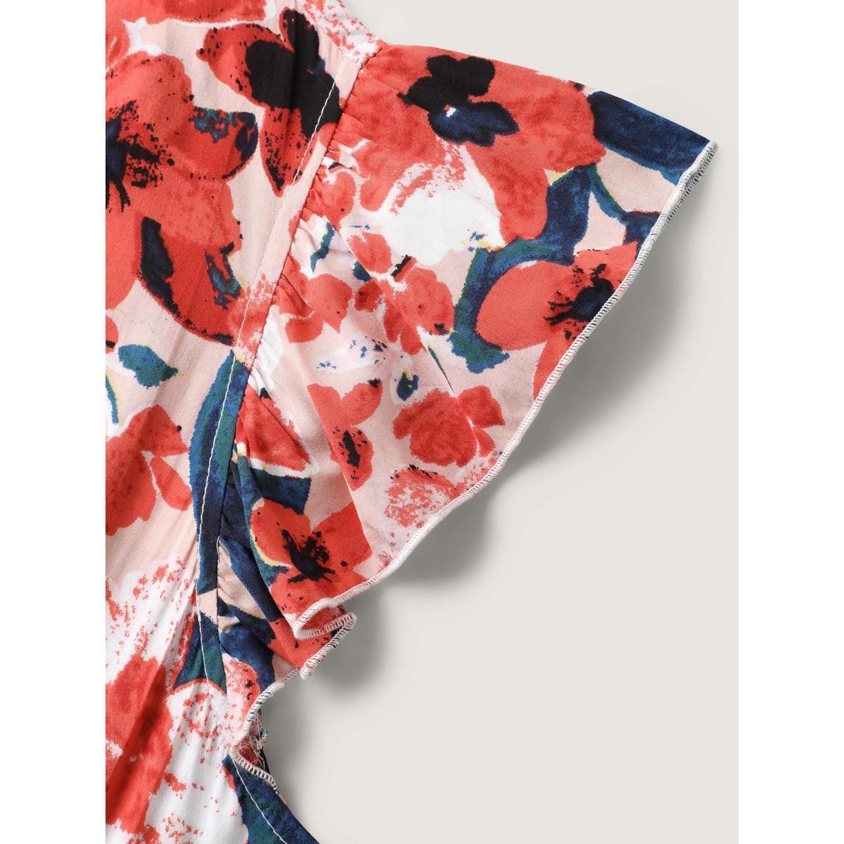 Plus Size Floral Three-Layered Stretchy Waist Midi Dress Coral Women V-neck Cap Sleeve Curvy BloomChic 22-24/3X Product Image