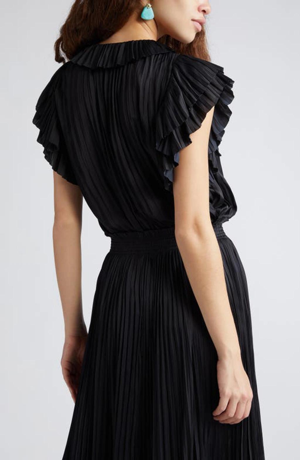 Elli Pleated Satin Split-neck Keyhole Top In Black Product Image