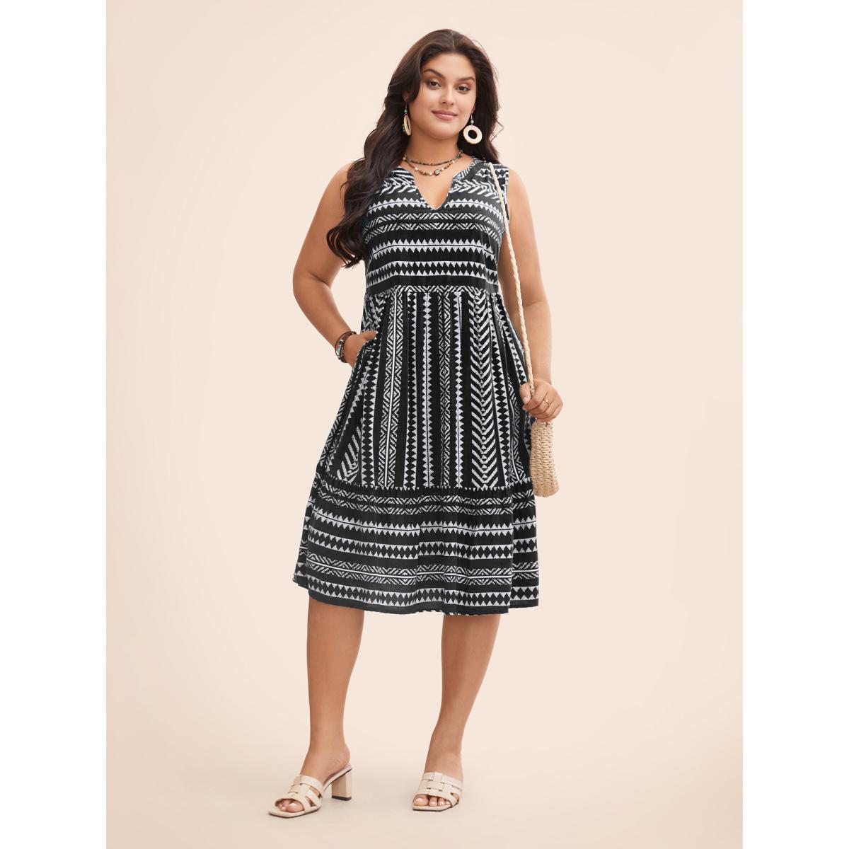 Plus Size Striped Geometric Pocket Ruffle Hem Sleeveless Tank Dress Black Women Casual Non V-neck Sleeveless Curvy BloomChic 10/M Product Image