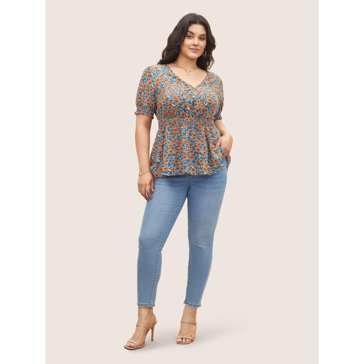 Plus Size Cerulean Floral Surplice Neck Shirred Lantern Sleeve Blouse Women Elegant Short sleeve Overlap Collar Everyday Blouses BloomChic 22-24/3X Product Image