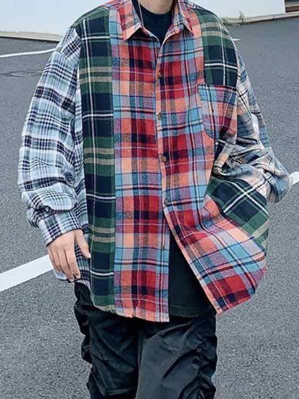 Men's Vintage Plaid Splice Long Sleeve Blouse Product Image