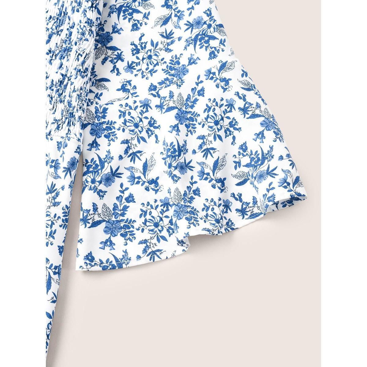 Plus Size White Ditsy Floral Shirred Ruffle Sleeve Blouse Women Elegant Elbow-length sleeve V-neck Everyday Blouses BloomChic 26/4X Product Image