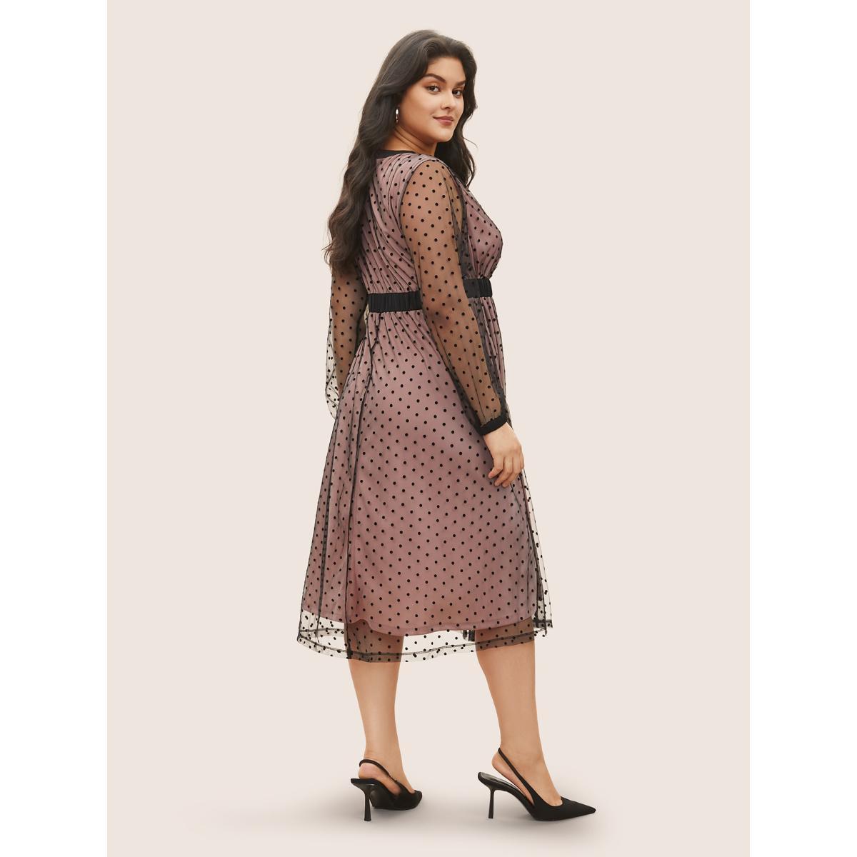 Plus Size Flocking Polka Dot Tiered Mesh Dress DustyPink Women At the Office Non V-neck Long Sleeve Curvy Midi Dress BloomChic 14-16/1X Product Image
