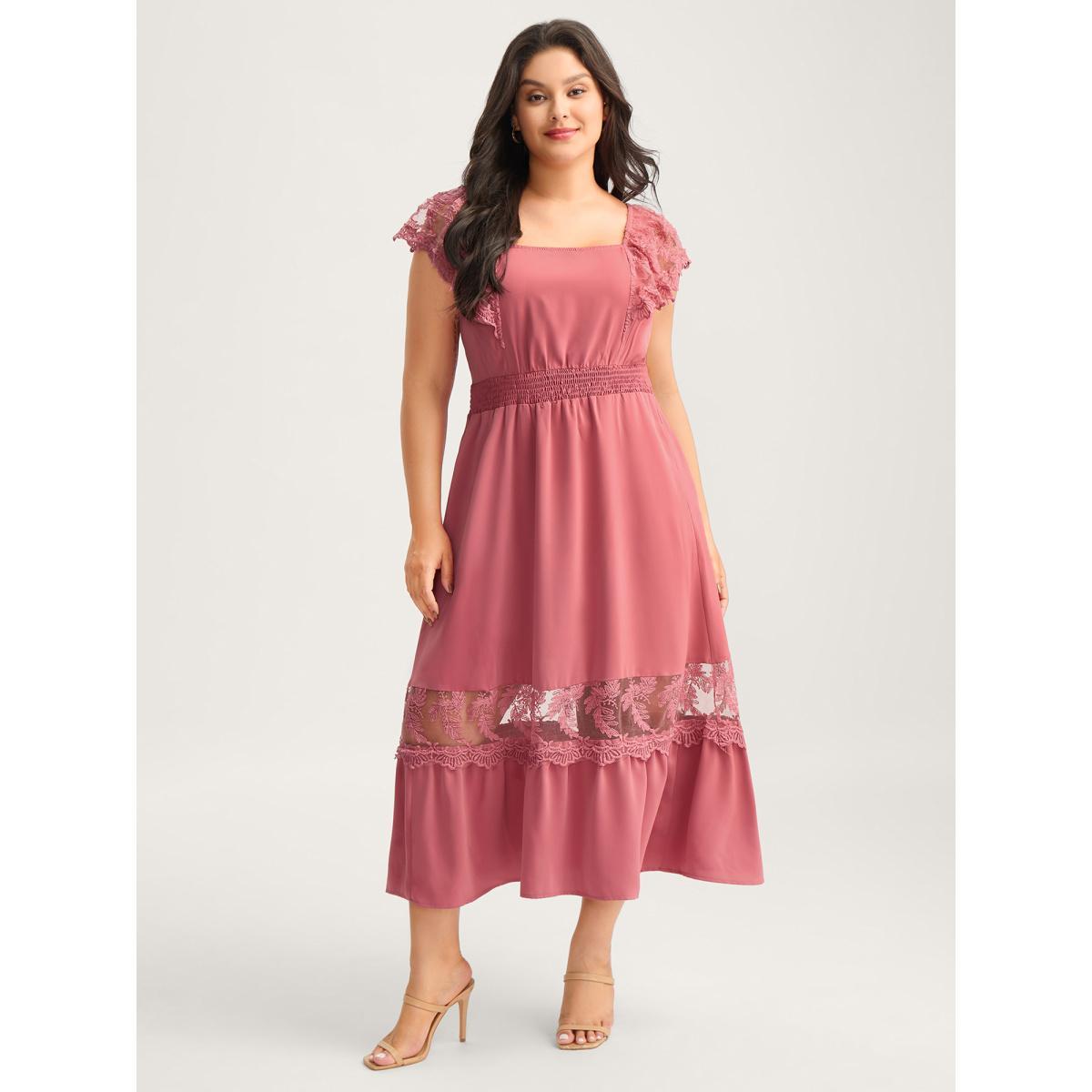Plus Size Lace Trim Shirred Waist Midi Dress Beanpastepowder Women Square Neck Sleeveless Curvy BloomChic 12/L Product Image