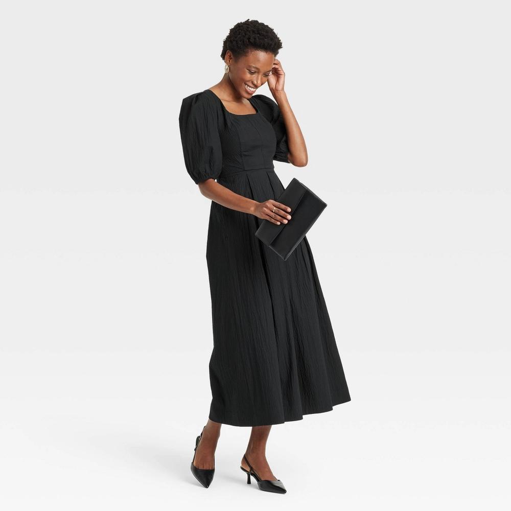 Womens Short Sleeve Midi Dress - A New Day Black XS: Seersucker, Squareneck, Pullover, Seam Pocket Product Image
