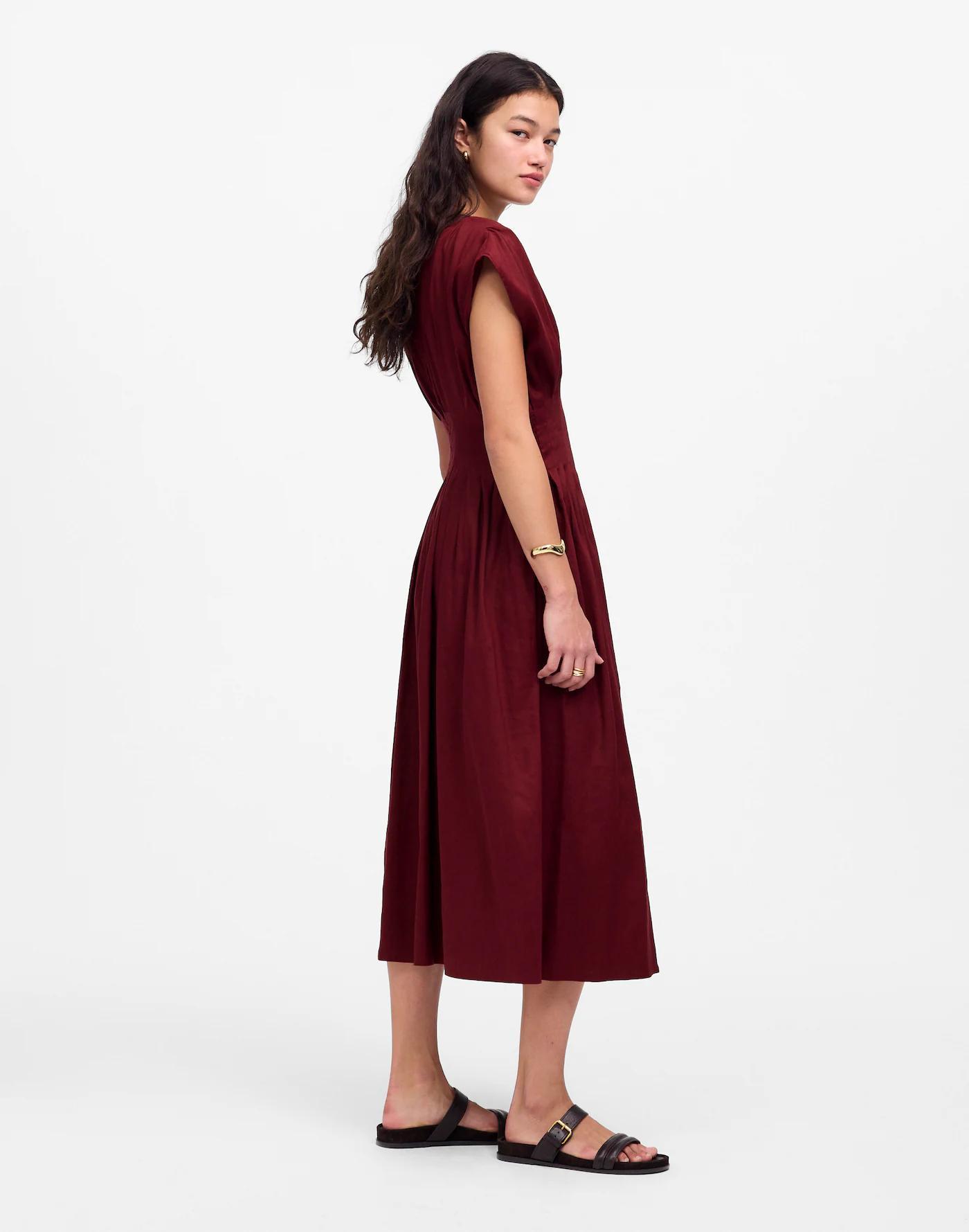 Pleated V-Neck Midi Dress Product Image
