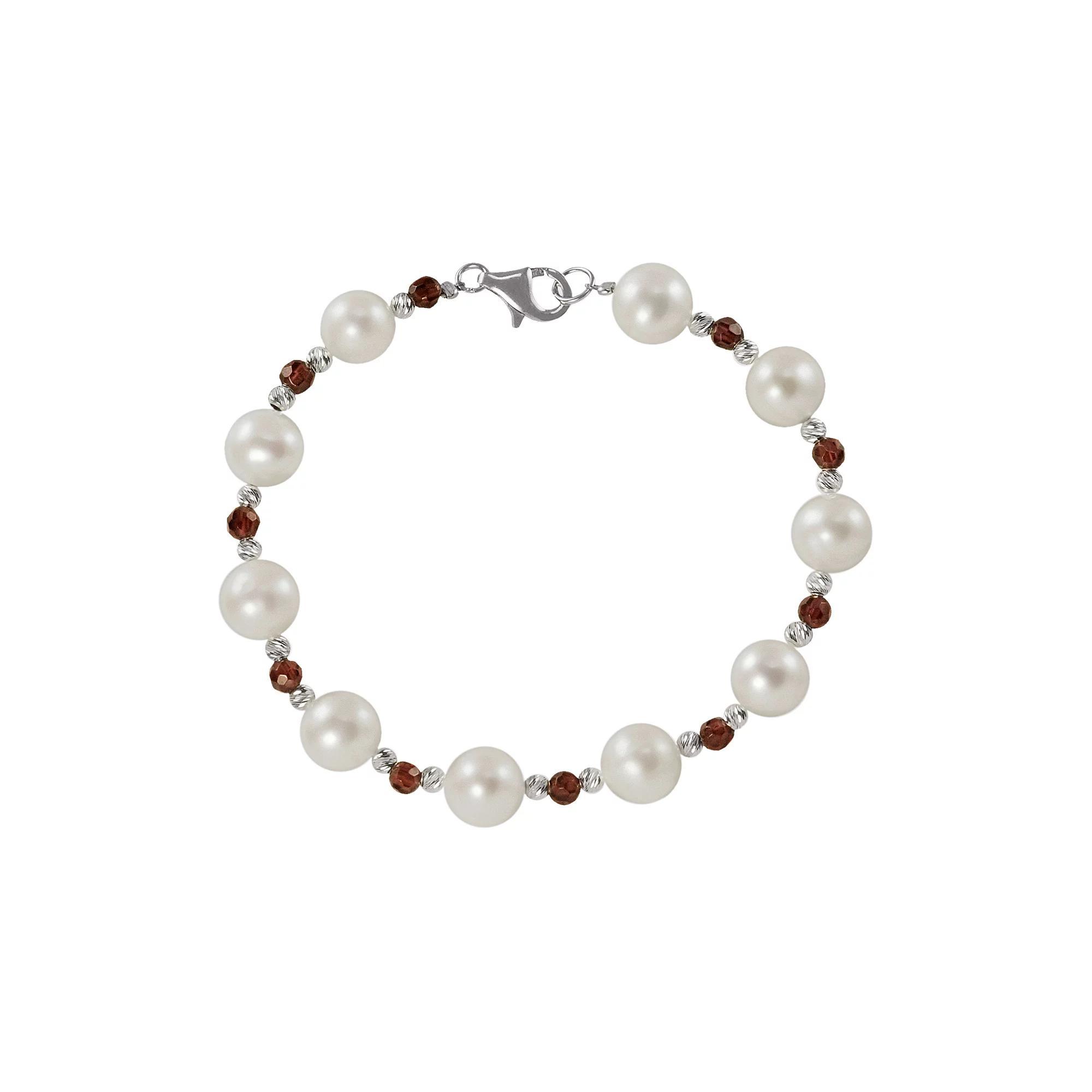 Sterling Silver Freshwater Cultured Pearl and Garnet Bead Bracelet, Womens Product Image