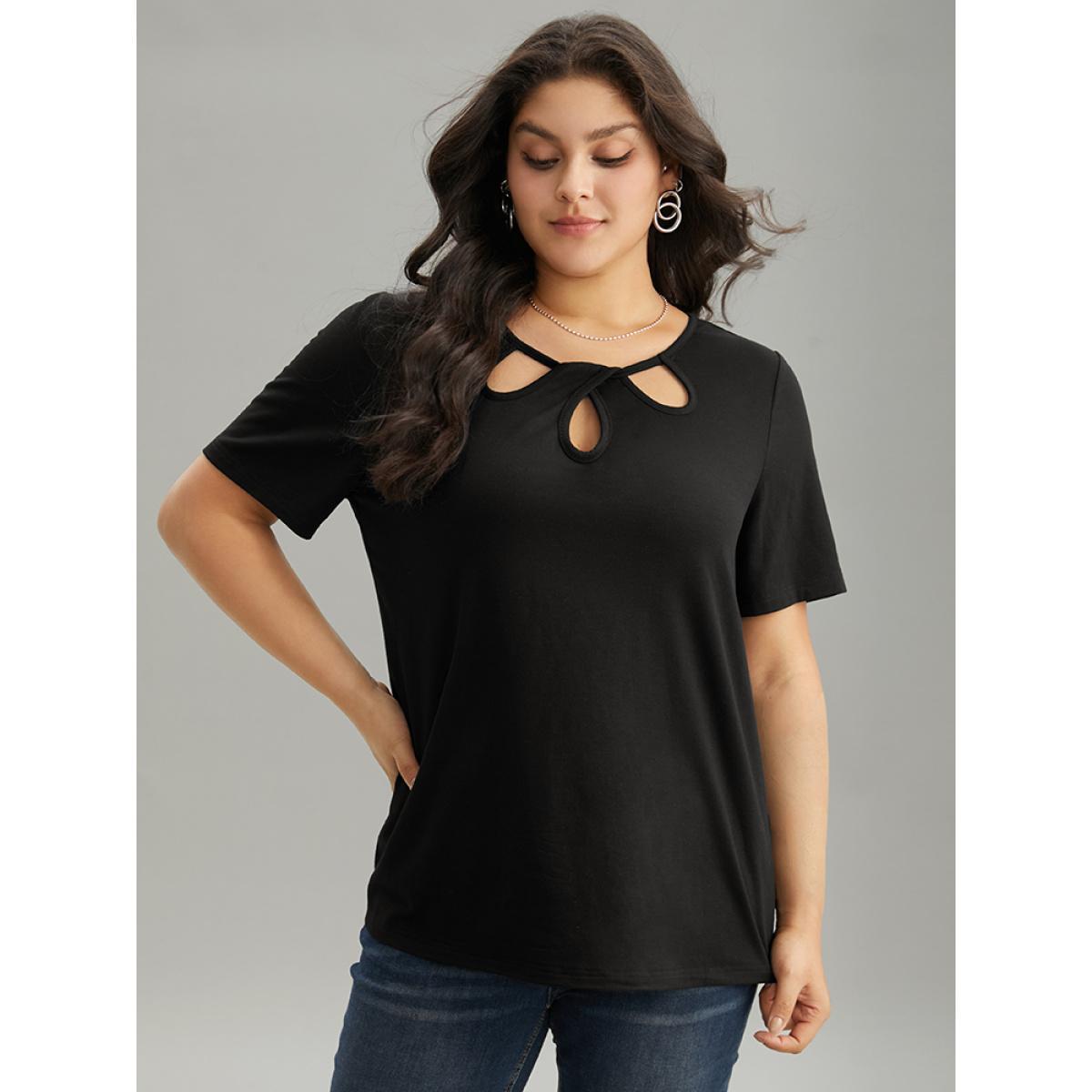 Plus Size Solid Keyhole Cut Out T-shirt Black Women Elegant Plain Plain Keyhole Cut-Out Dailywear T-shirts BloomChic 10/M Product Image