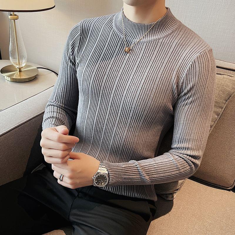 Long Sleeve Mock Neck Plain Ribbed Knit Top Product Image