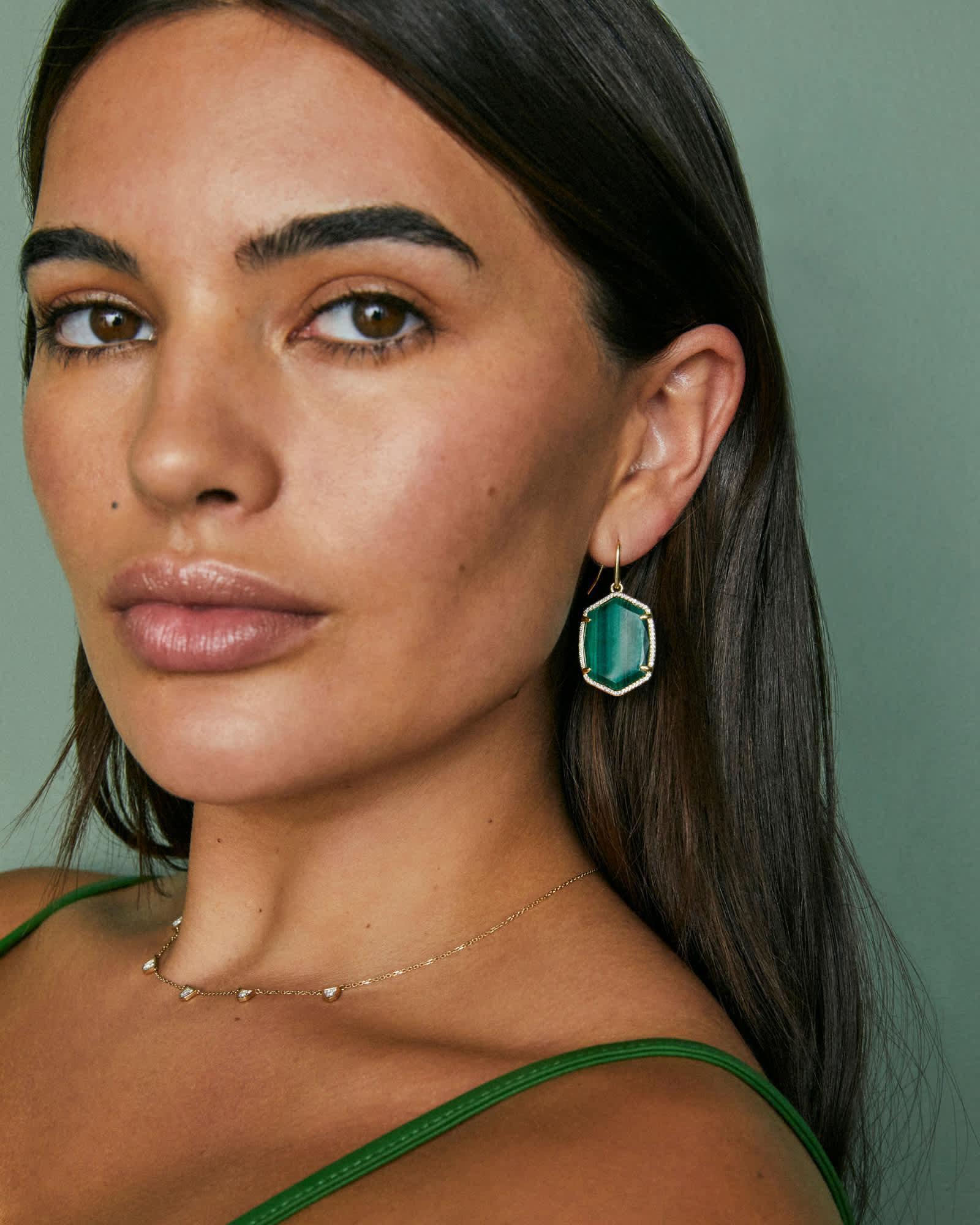 Daphne Gold Pave Frame Drop Earrings in Green Malachite Product Image