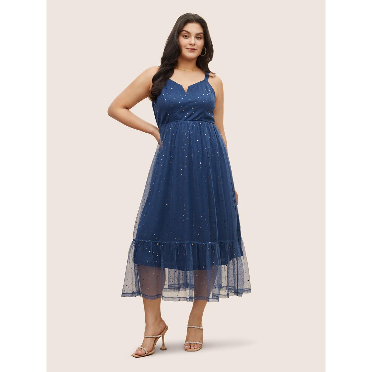 Plus Size Moon & Star Sequin Layered Hem Notched Cami Dress DarkBlue Women Cocktail Non Notched collar Sleeveless Curvy Midi Dress BloomChic 12/L Product Image