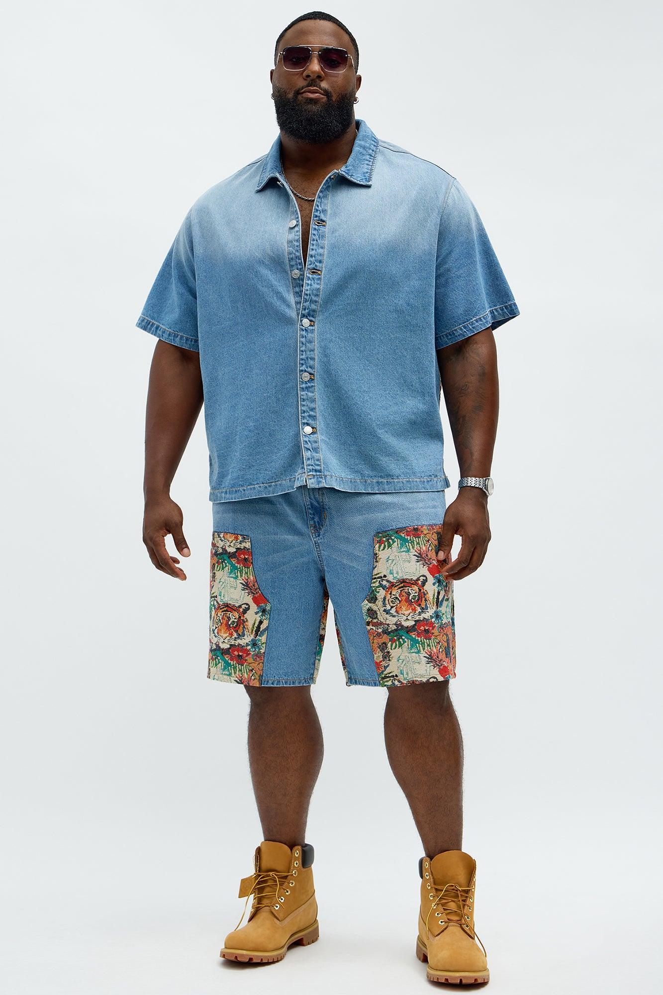 Relaxed Ansel Tapestry Denim Short Sleeve Shirt - Blue/combo Male Product Image