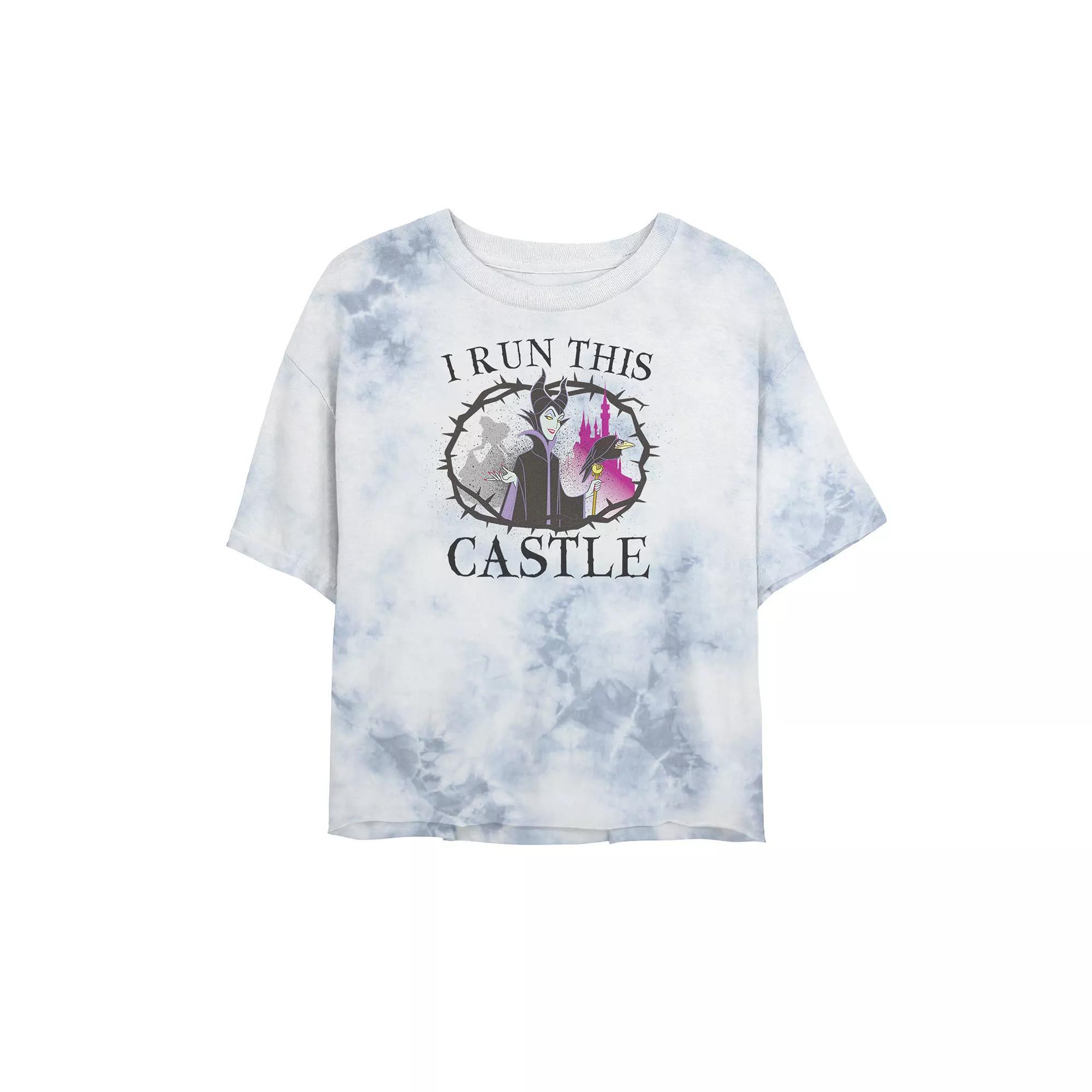 Juniors' Disney Princess Sleeping Beauty Maleficent Runs This Castle Bombard Wash Crop Graphic Tee, Women's, Size: XL, White Blue Product Image