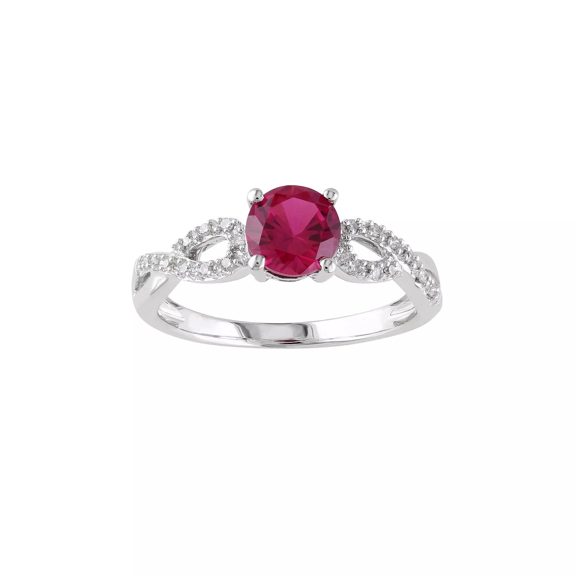 Stella Grace Lab-Created Ruby and 1/10 Carat T.W. Diamond Engagement Ring in 10k White Gold, Women's, Size: 6, Red Product Image