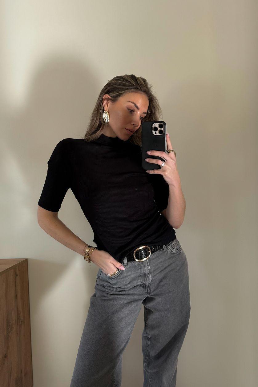 Short Sleeve Rib Collar Top Product Image