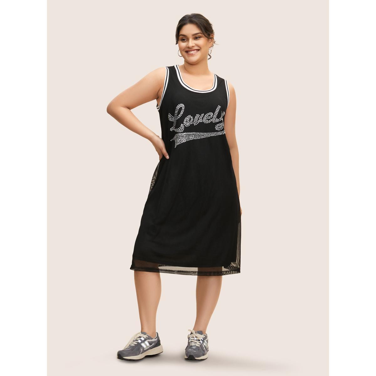 Plus Size Letter Rhinestone Mesh Patchwork Sleeveless Dress Black Women Casual Rhinestone detailing Round Neck Sleeveless Curvy BloomChic 28/5X Product Image