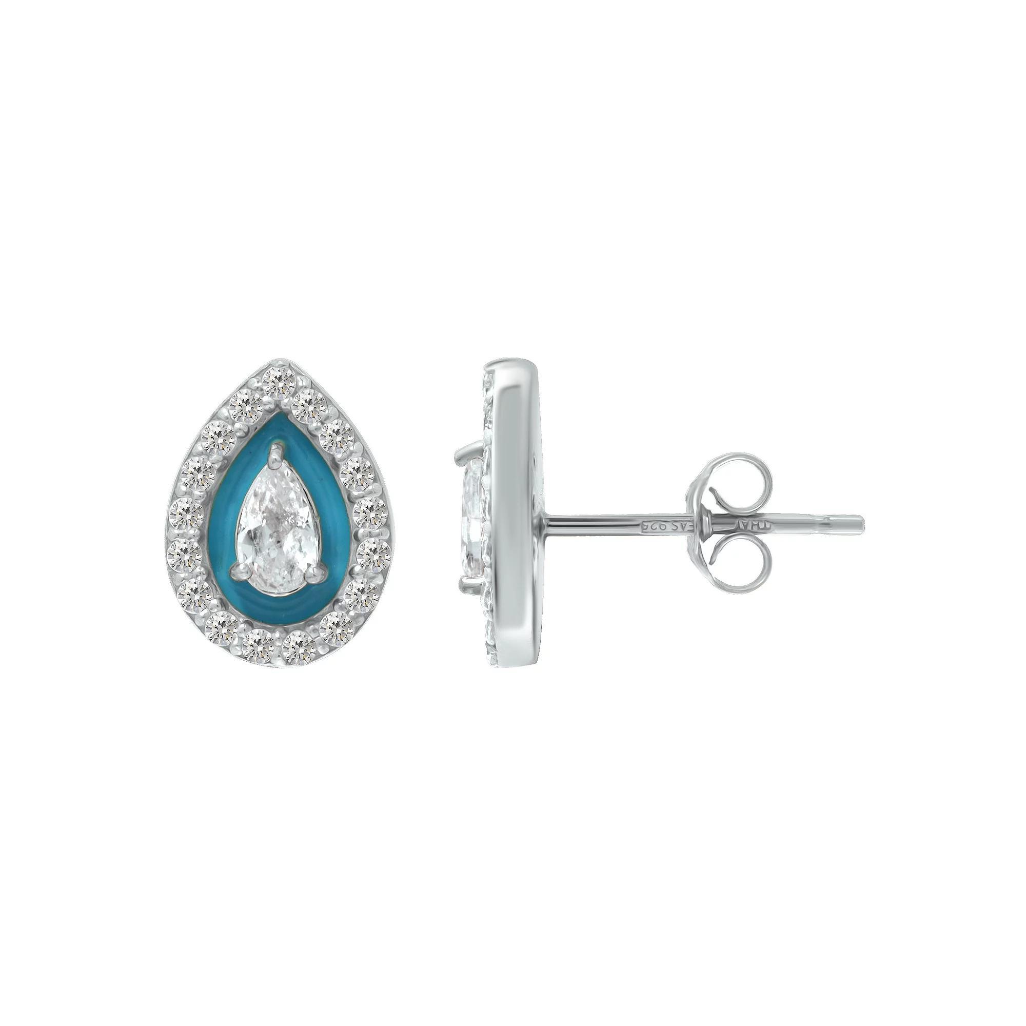 Aleure Precioso Sterling Silver Enamel & Cubic Zirconia Pear Shaped Halo Stud Earrings, Women's, Blue Product Image