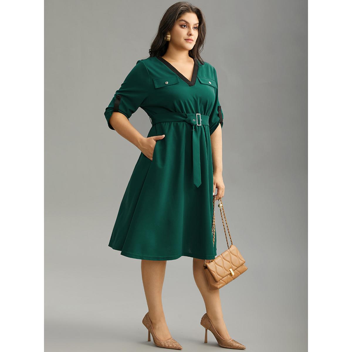 Plus Size Solid Contrast Trim Belted Flap Detail Dress Emerald Women Office Gathered V-neck Elbow-length sleeve Curvy Midi Dress BloomChic 18-20/2X Product Image