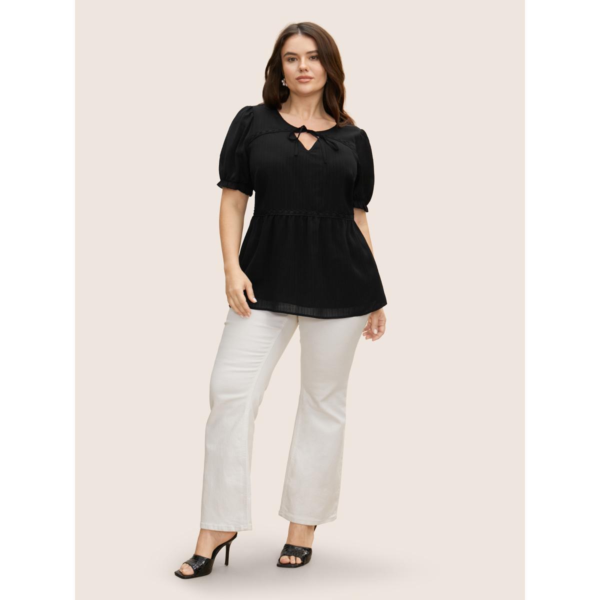 Plus Size Black Lace Panel Knot Neck Lantern Sleeve Blouse Women Elegant Short sleeve V-neck Everyday Blouses BloomChic 10/M Product Image