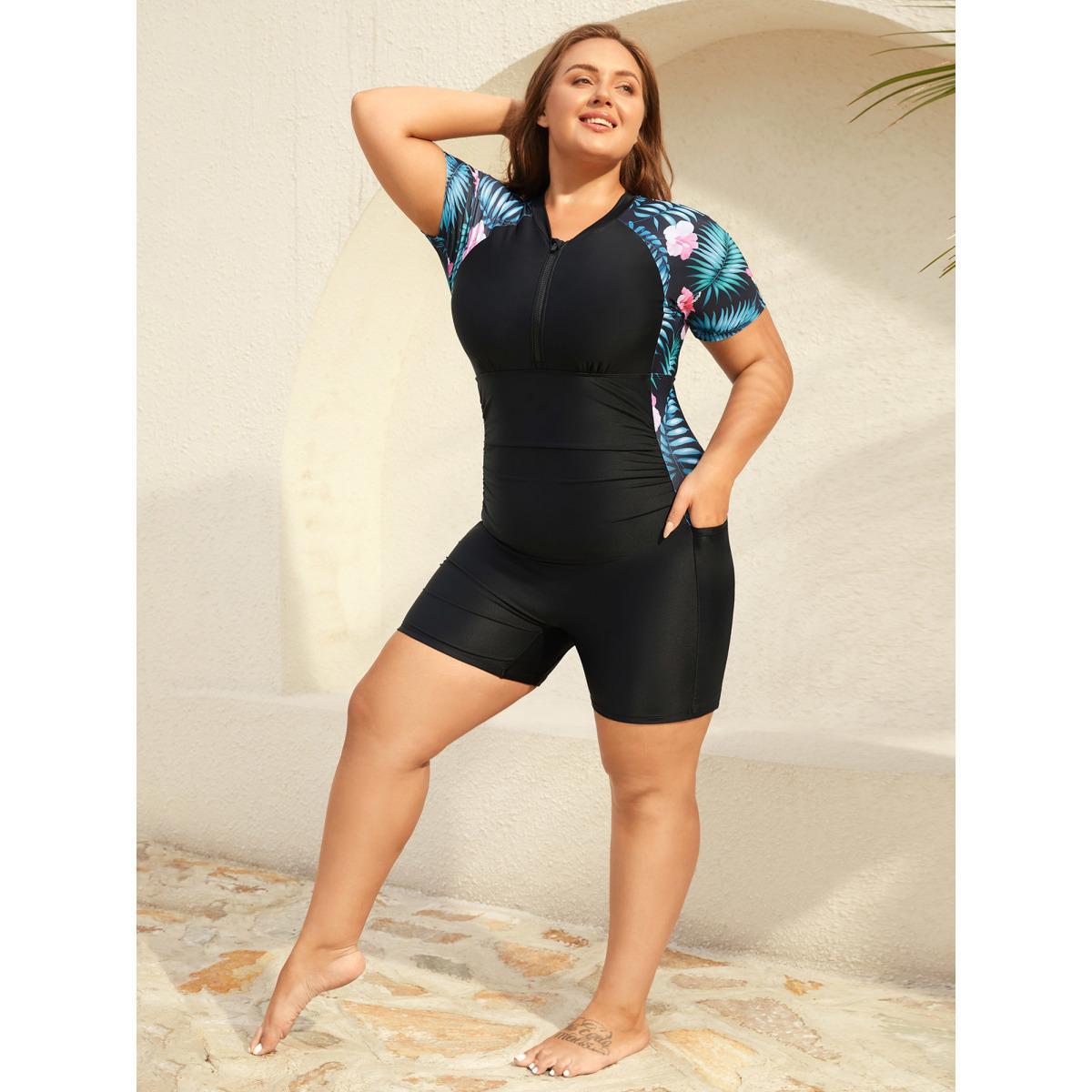 Plus Size Glide Lock Zipper Pockets One-Piece Swimsuit Women's Swimwear Black Beach Gathered Curve Bathing Suits High stretch One Pieces BloomChic 26/4X Product Image
