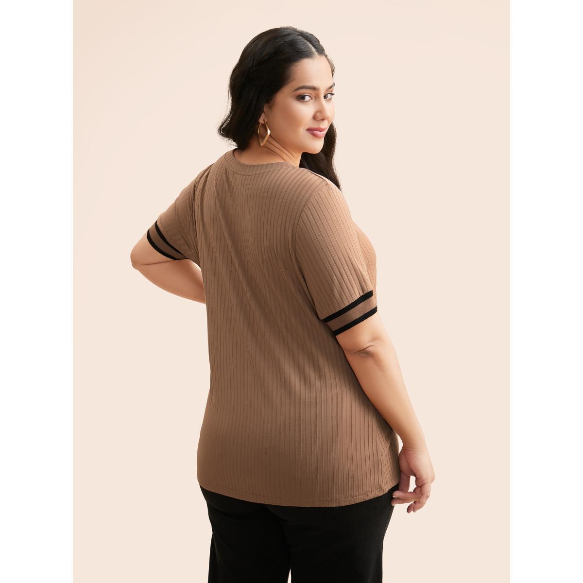 Plus Size Crew Neck Pit Strip Contrast Trim T-shirt LightBrown Women Casual Texture Round Neck Everyday T-shirts BloomChic 12/L Product Image
