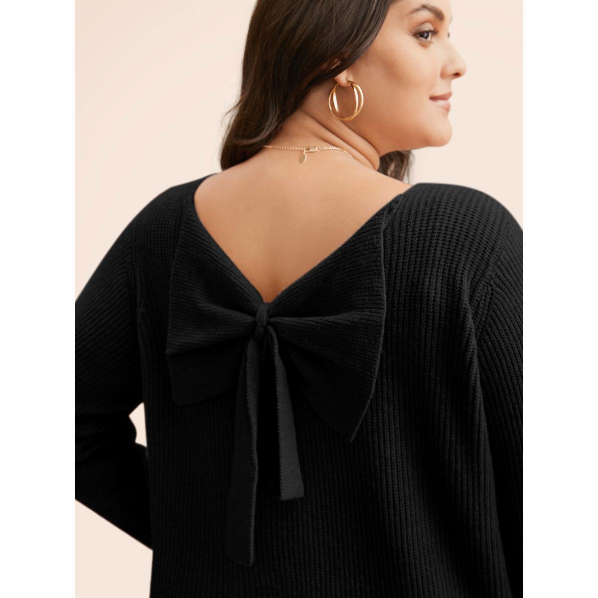 Plus Size Round Neck Texture Back Bowknot Pullover Black Women Casual Loose Long Sleeve Round Neck Everyday Pullovers BloomChic 12/L Product Image
