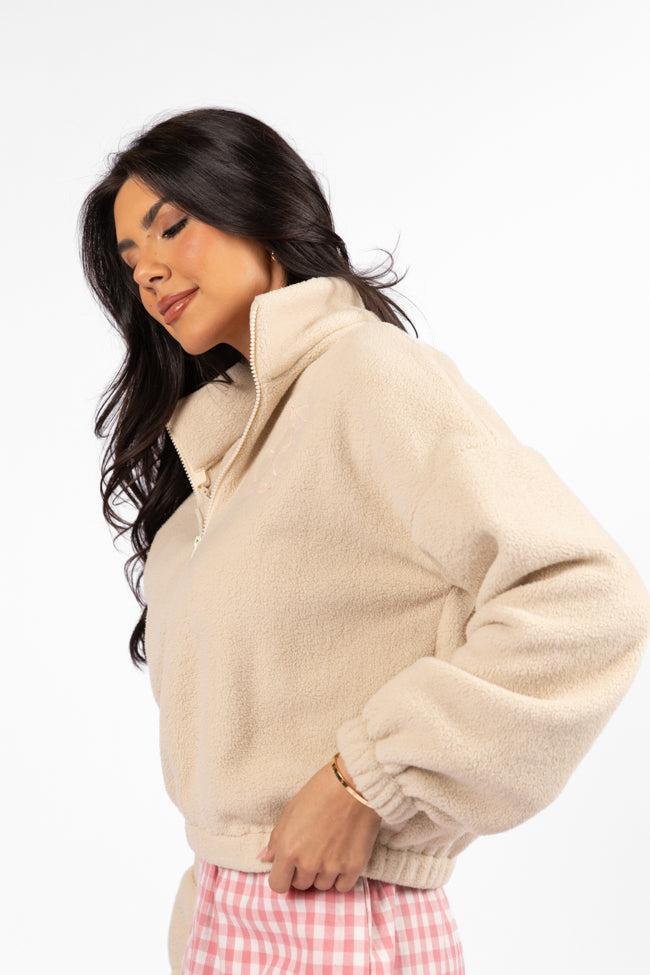 After Hours Mon Cheri Beige Embroidered Fleece Pullover FINAL SALE Product Image