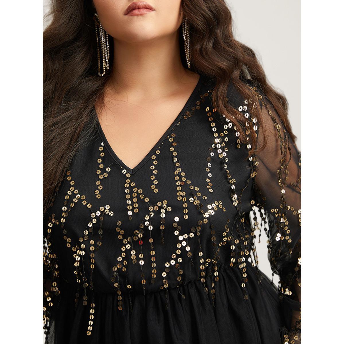 Plus Size Sequin Mesh Patchwork Tassel Dress Black Women Cocktail Gathered Overlap Collar Long Sleeve Curvy Knee Dress BloomChic 14-16/1X Product Image
