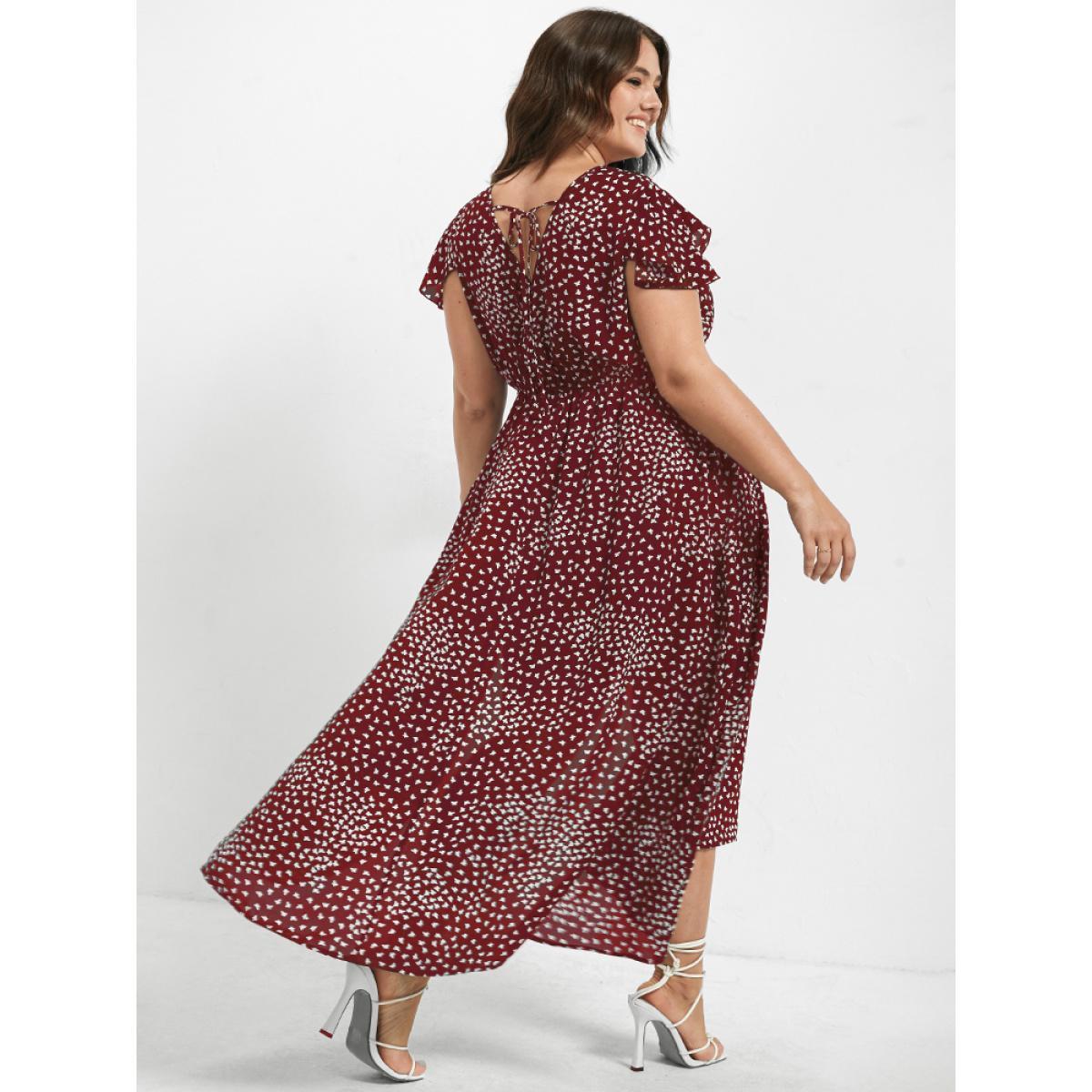 Plus Size V Neck Butterfly Pattern Split Dress Maroon Women Elegant Gathered V-neck Cap Sleeve Curvy Midi Dress BloomChic 20/2X Product Image