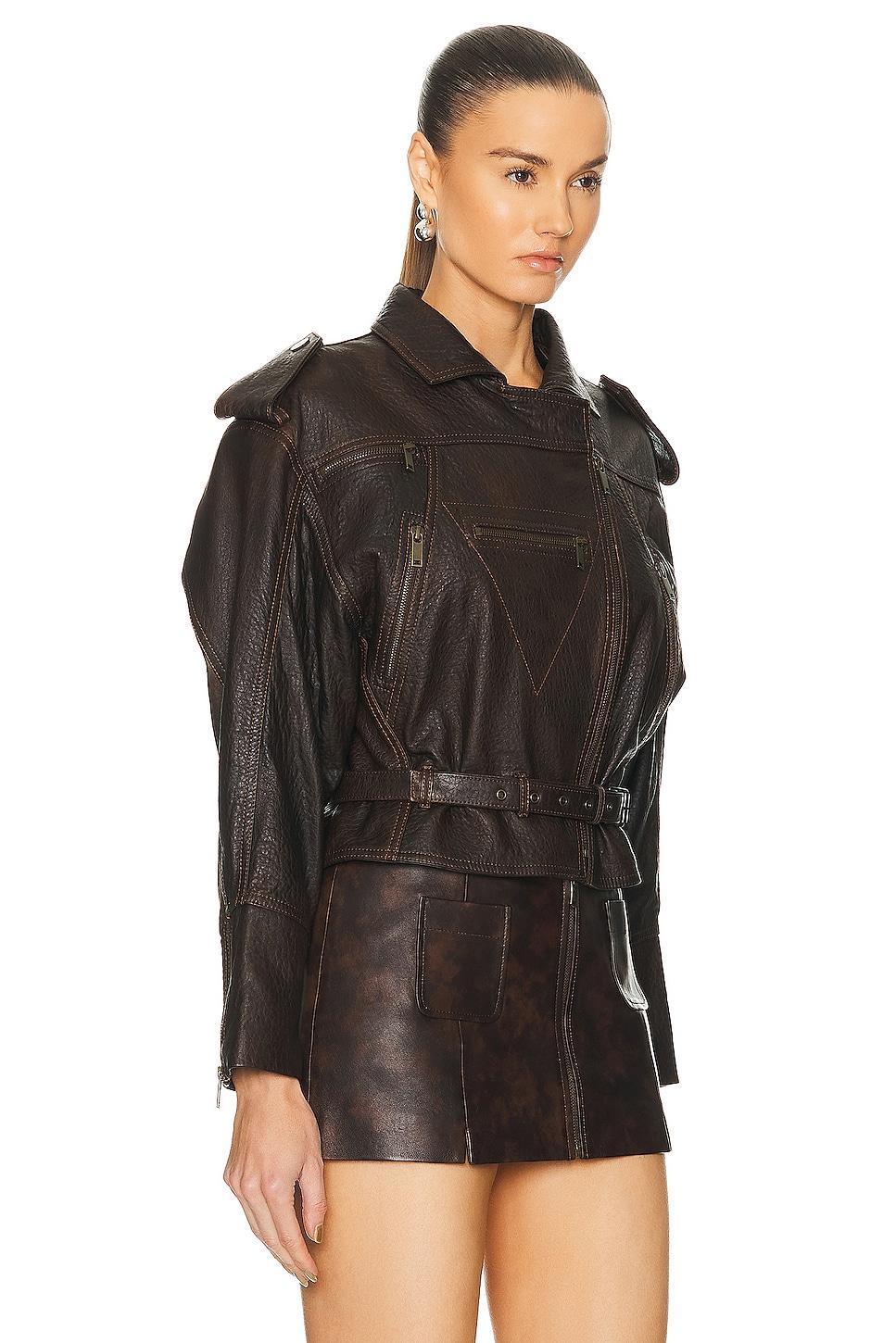 FRAME Strong Shoulder Leather Moto Jacket in Brown Product Image