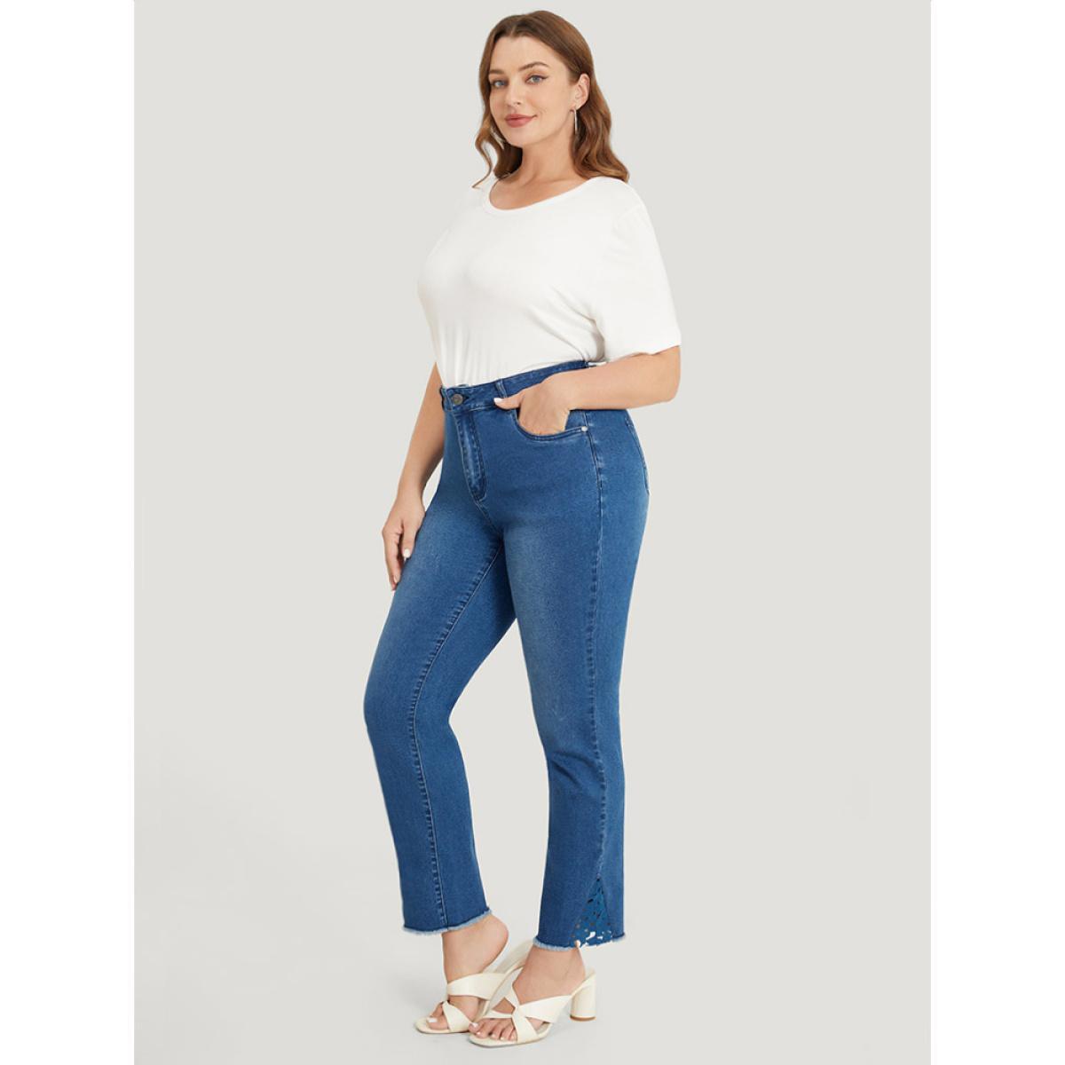 Plus Size Very Stretchy High Rise Medium Wash Lace Insert Raw Hem Jeans Women Indigo Casual Plain Patchwork High stretch Side seam pocket Jeans BloomChic 22/3X Product Image