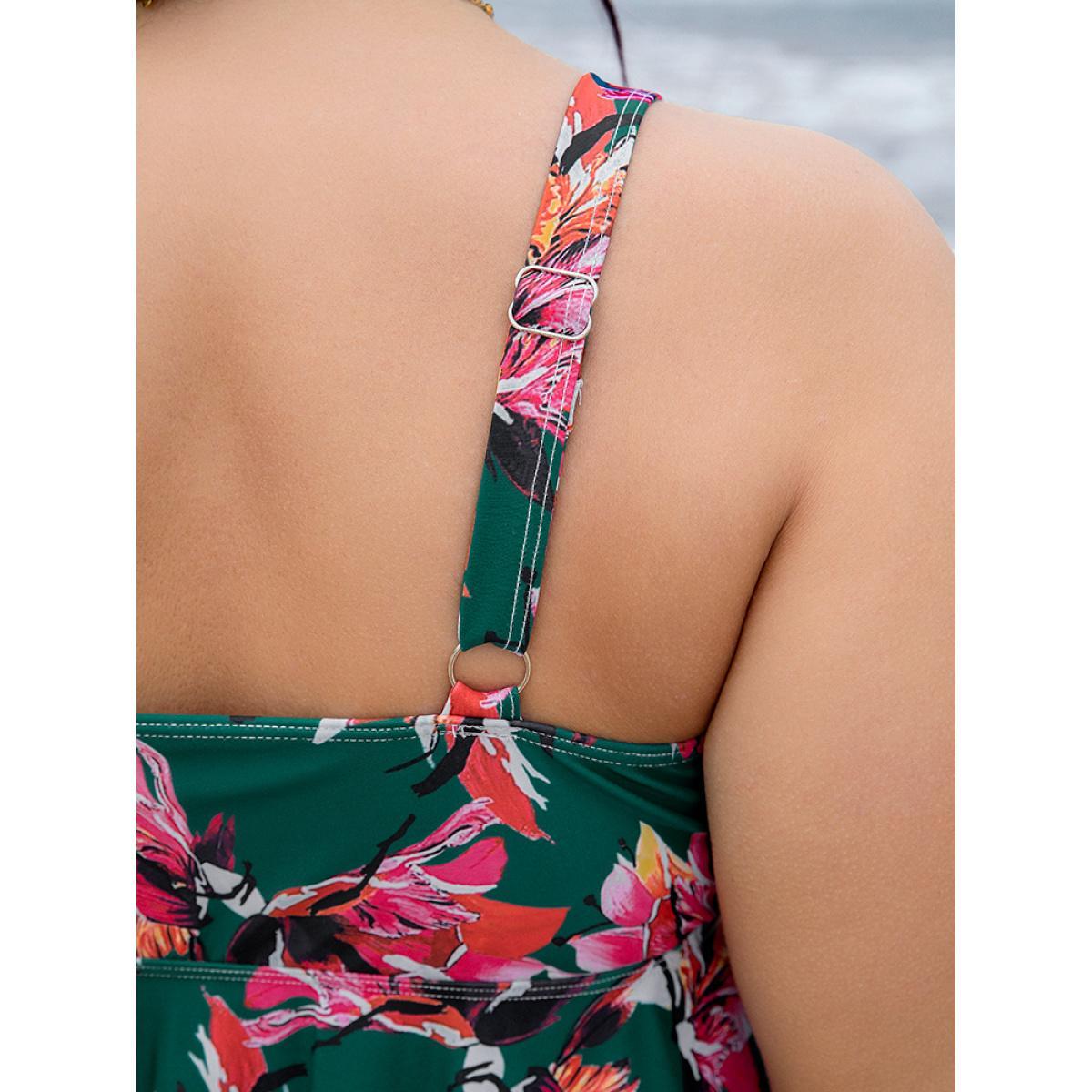 Plus Size Floral Print A Line Round Neck Ruffle Hem Swim Dress Women's Swimwear Green Vacation Bodycon Round Neck High stretch Curve Swim Dresses BloomChic 10/M Product Image