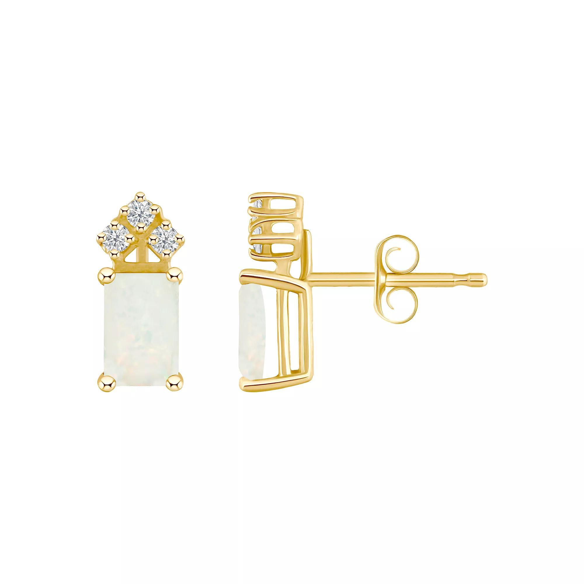 Celebration Gems 14k Gold Emerald Cut White Opal & 1/8 Carat T.W. Diamond Stud Earrings, Womens Product Image